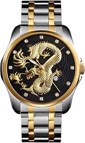 Relógio de pulso masculino de luxo com mostrador esculpido em ouro chinês com diamante e quartzo, casual, impermeável, esportivo, de aço inoxidável, silver black, Medium