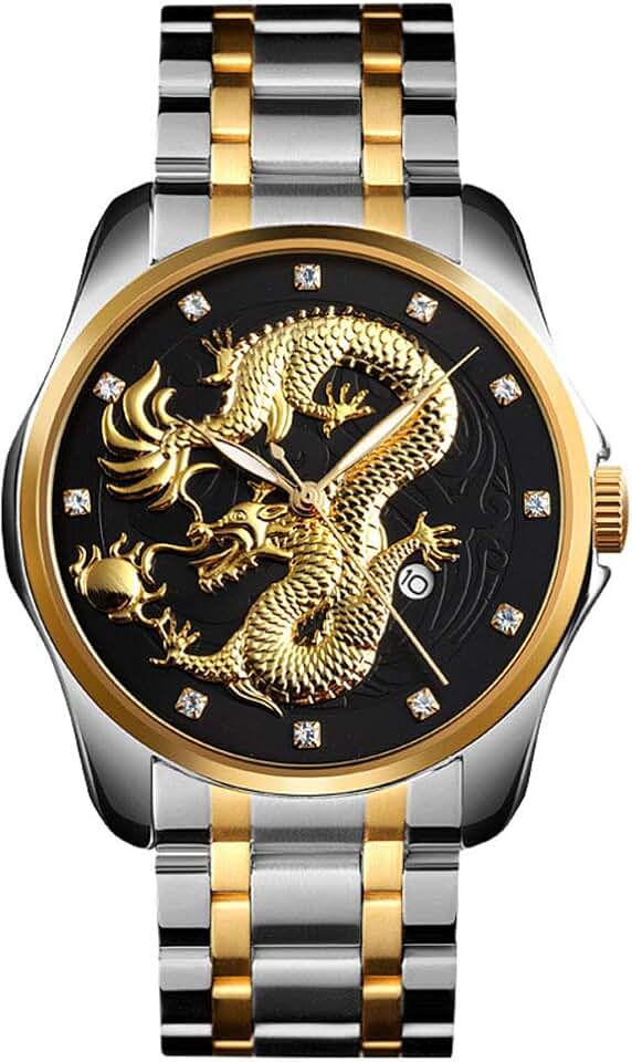 Relógio de pulso masculino de luxo com mostrador esculpido em ouro chi