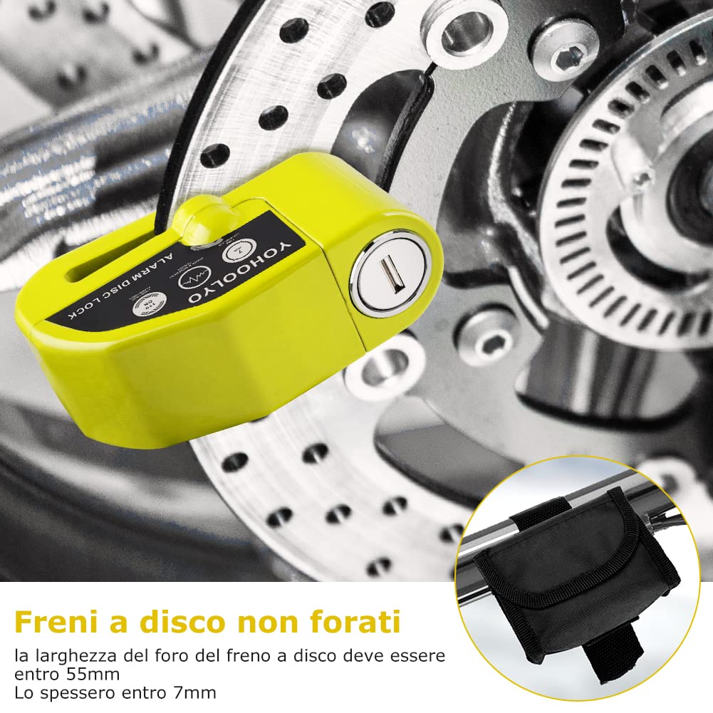YOHOOLYO Bloccadisco Moto Antifurto con Allarme Sonoro 110DB, Accessori di Protezione 2 Chiavi, 1.5m Reminder per Motorino Motocross