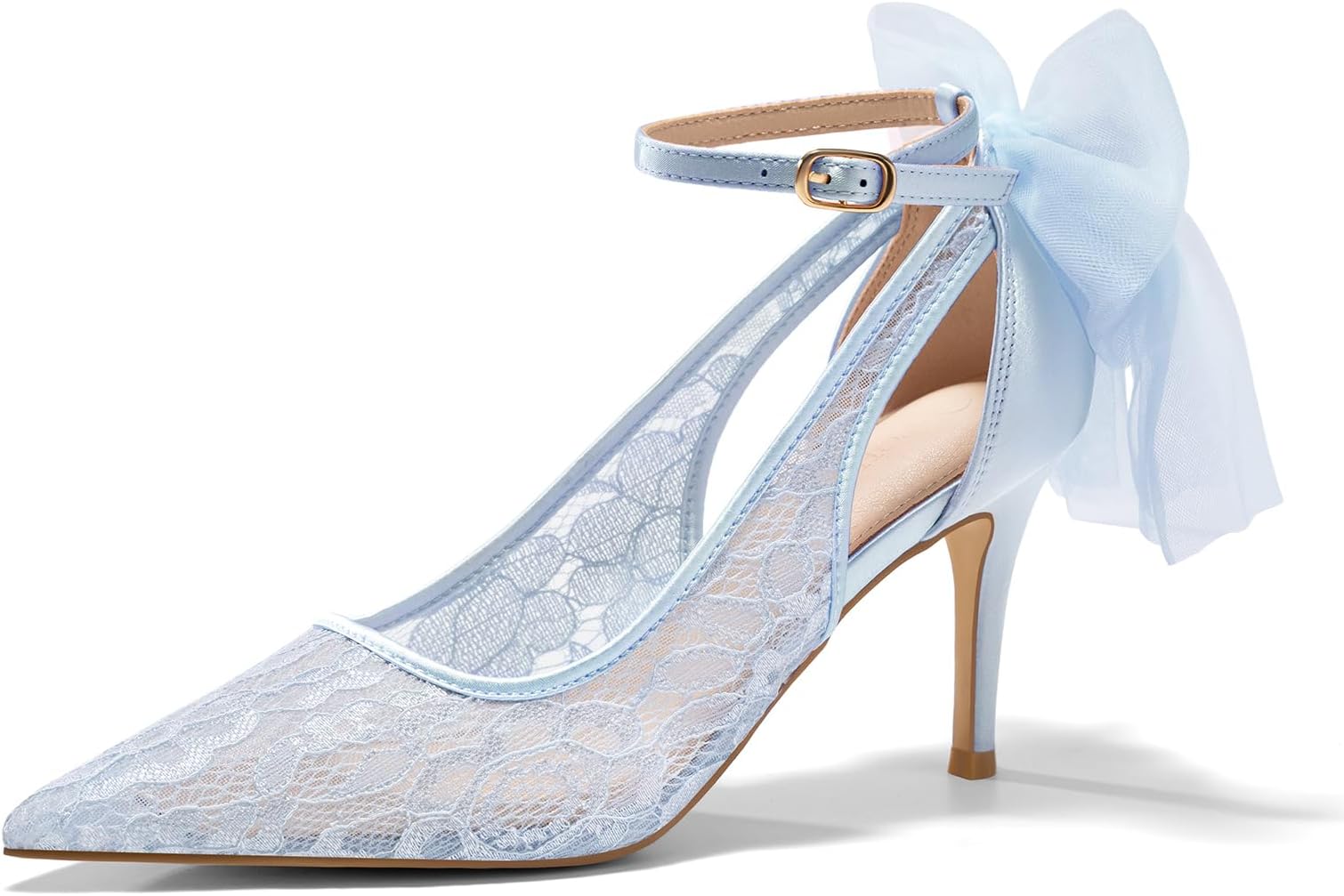 Womens Lace High Heels Closed Pointed Toe Stiletto Pumps Bow Tie Ankle Strap Wedding Party Dress Shoes