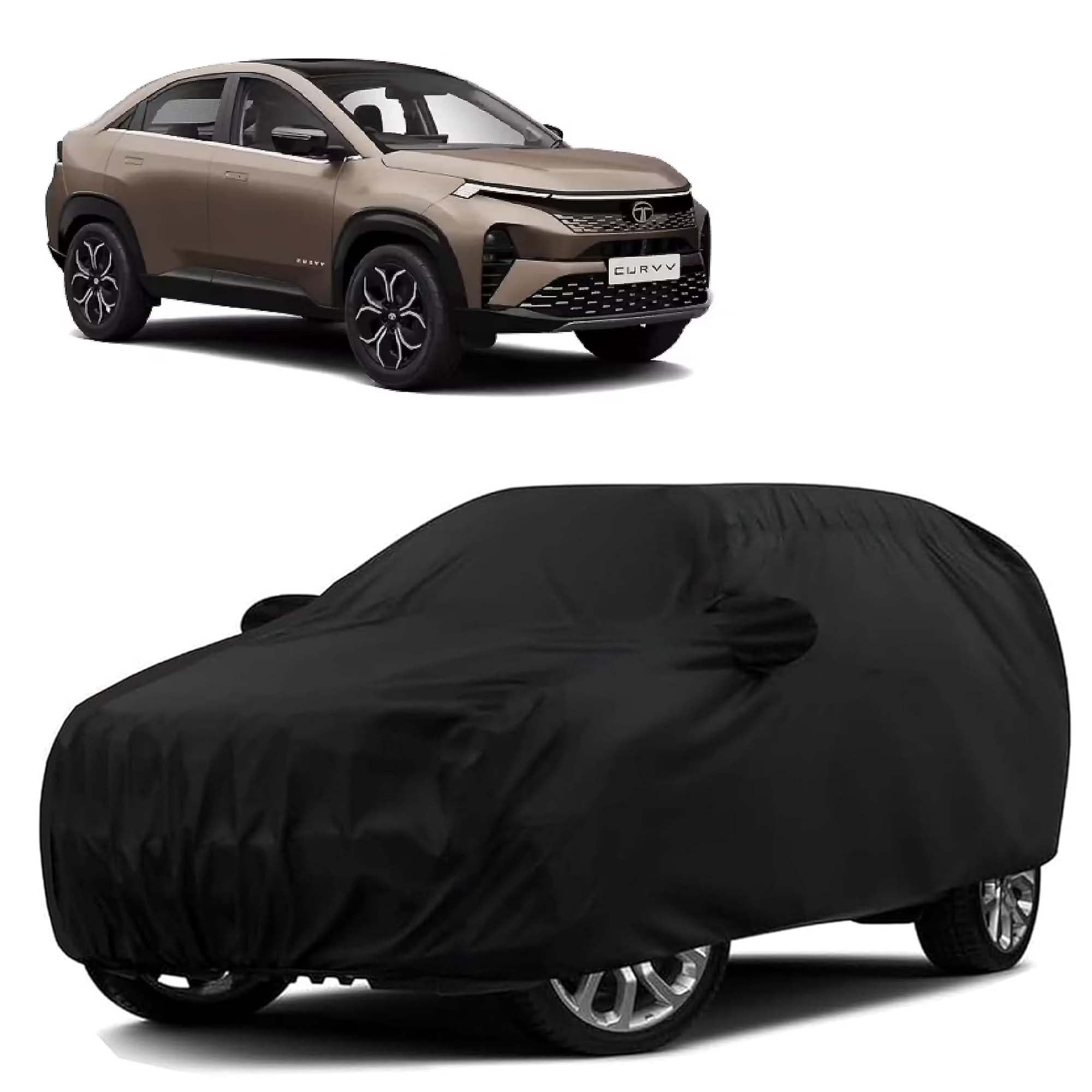 Sulfar 100% Water Resistant Car Body Cover Compatible with Mirror for Tata Curvv (Triple Stitched, Full Bottom Elastic, Black)