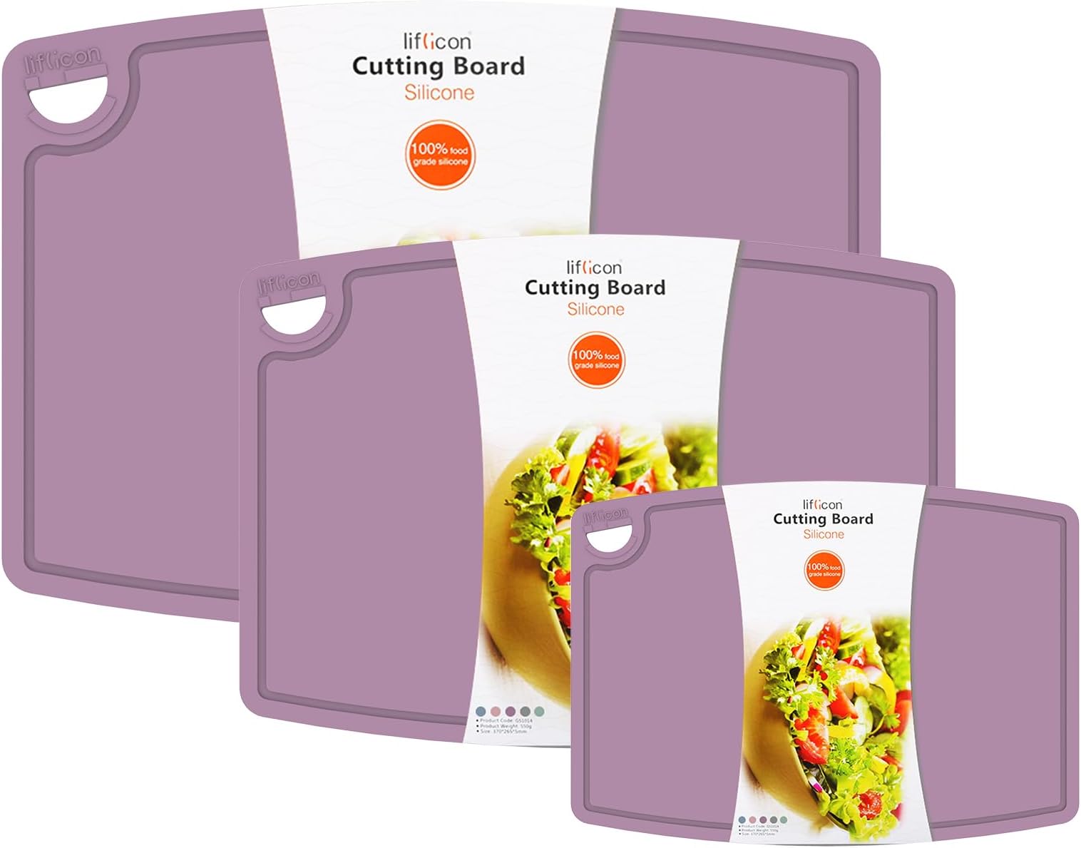 Liflicon Silicone Thick Cutting Boards Mats Set of 3 Foldable & Flexible Design Juice Grooves Easy Grip Handle Dishwasher Safe for Kitchen,BPA free Silicone Cutting Board-Plum Purple