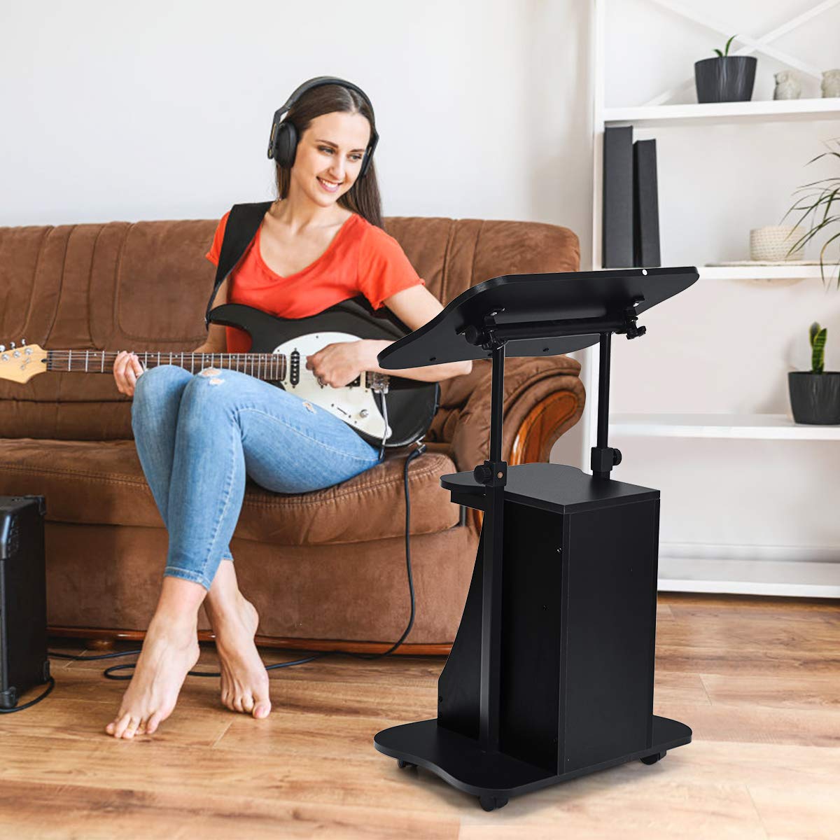GOPLUS Escritorio de pie Moderno para Ordenador de Altura y ángulo Ajustables, reclinable con Multicapa, Marco de Madera, Mesa con Ruedas, para Oficina y Familia, Negro
