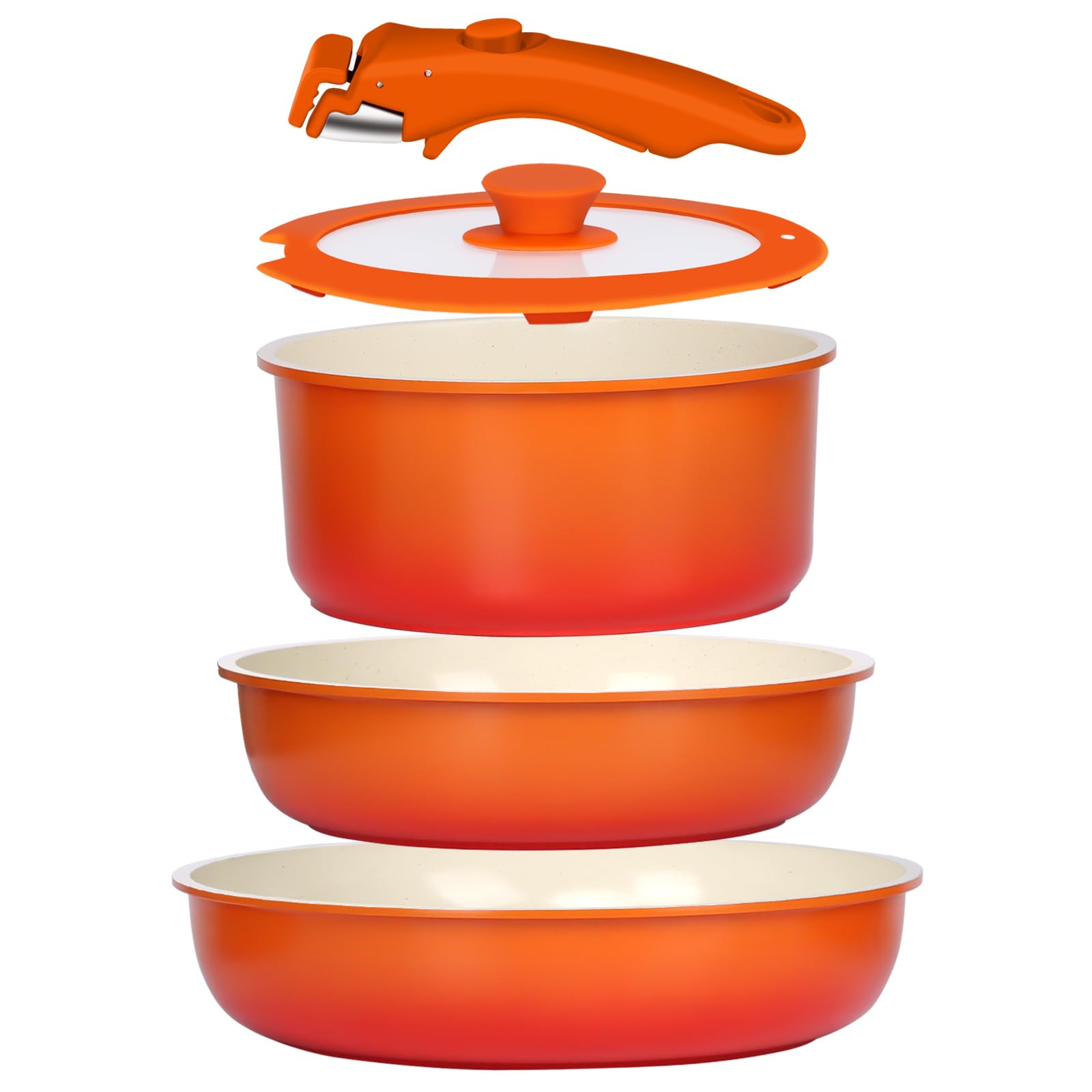 GiPP Pots and Pans Set Non Stick,5PCS Granite Nonstick Cookware Sets with Detachable Handle,Induction Kitchen Set Removable Handle,RV Cookware Set,PFAS PFOA Free,Oven Safe(Orange Gradient,5PCS)