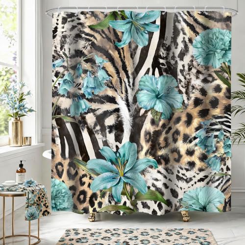 Leopard Zebra Print Shower Curtain 60x72 Teal Black Brown Bathroom Decor
