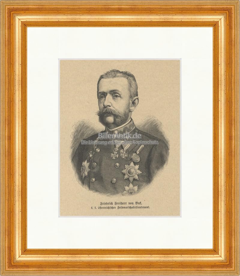 Biller Antik Frederick Freiherr von Beck Field Marshal Austria Wood Engraving E 22045 Framed