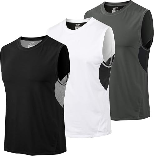 MEETYOO Men's Workout Vest, Sleeveless Athletic Tank Top, Black, White and Army Green, 3 Pack