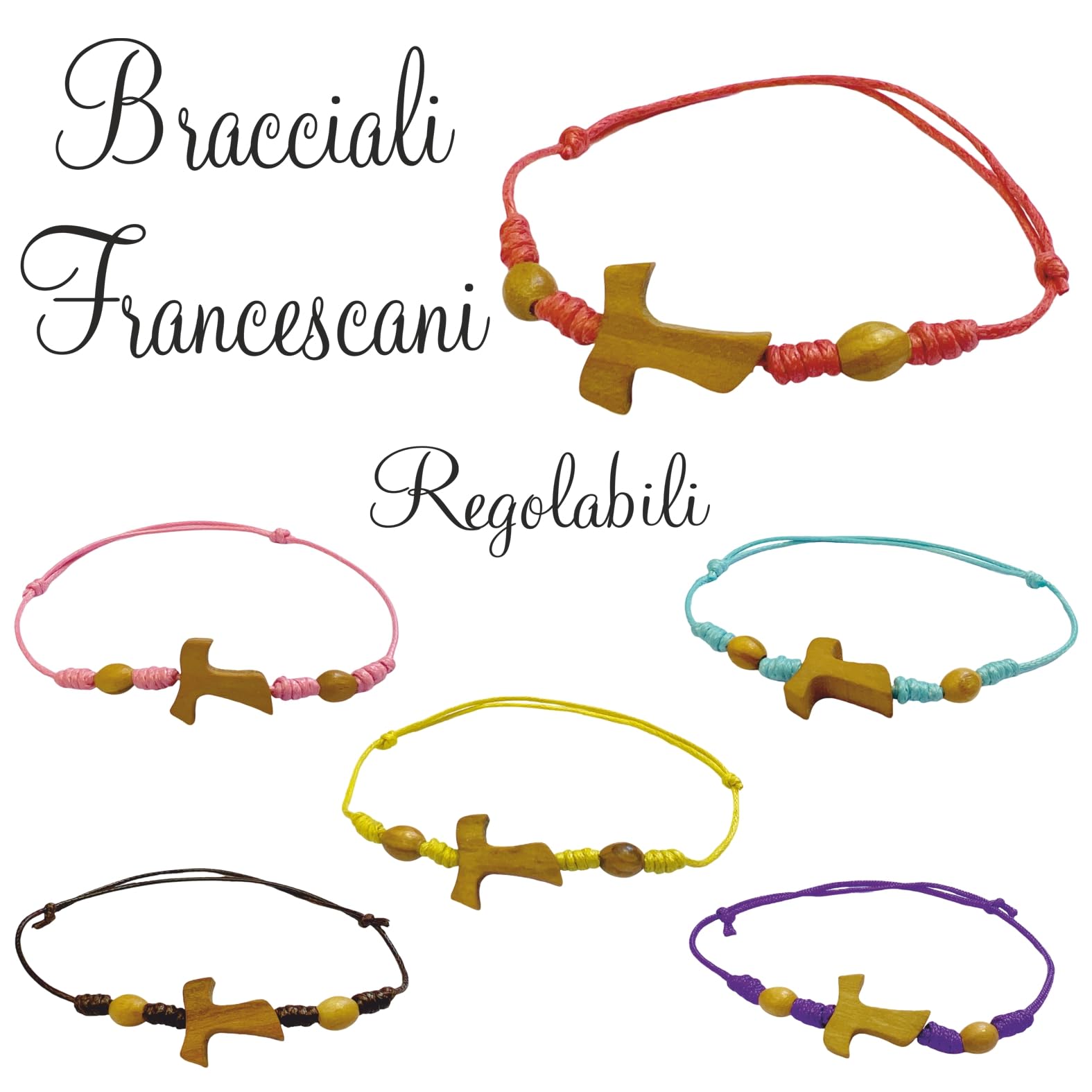 Generico Luna 30 BRACCIALI Regolabili con Tau in ULIVO E Palline 6 Colori Assortiti Fabbricate nella Patria di San Francesco (BOMBONIERE)