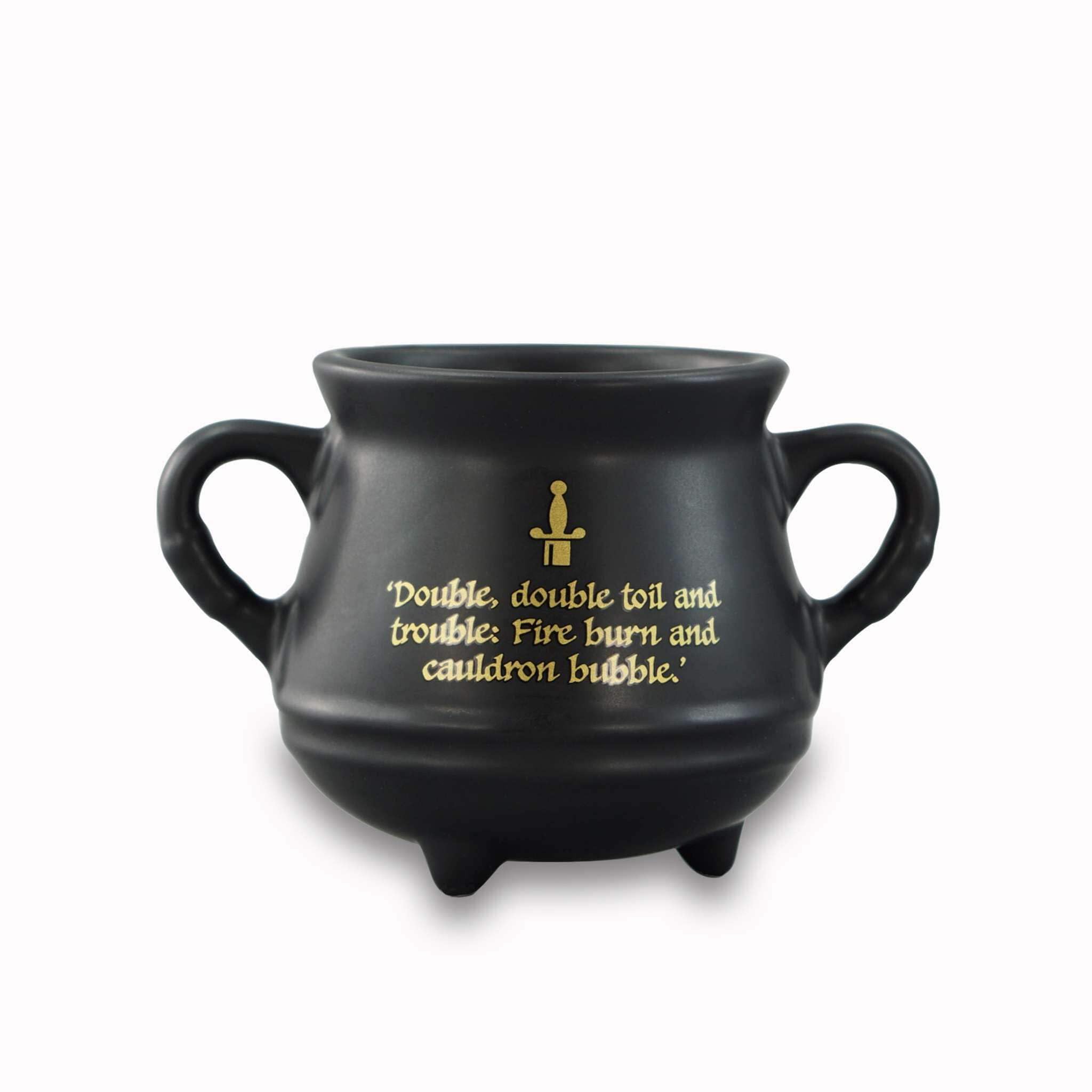 Plato de cerámica de caldero negro y dorado con frase de Macbeth