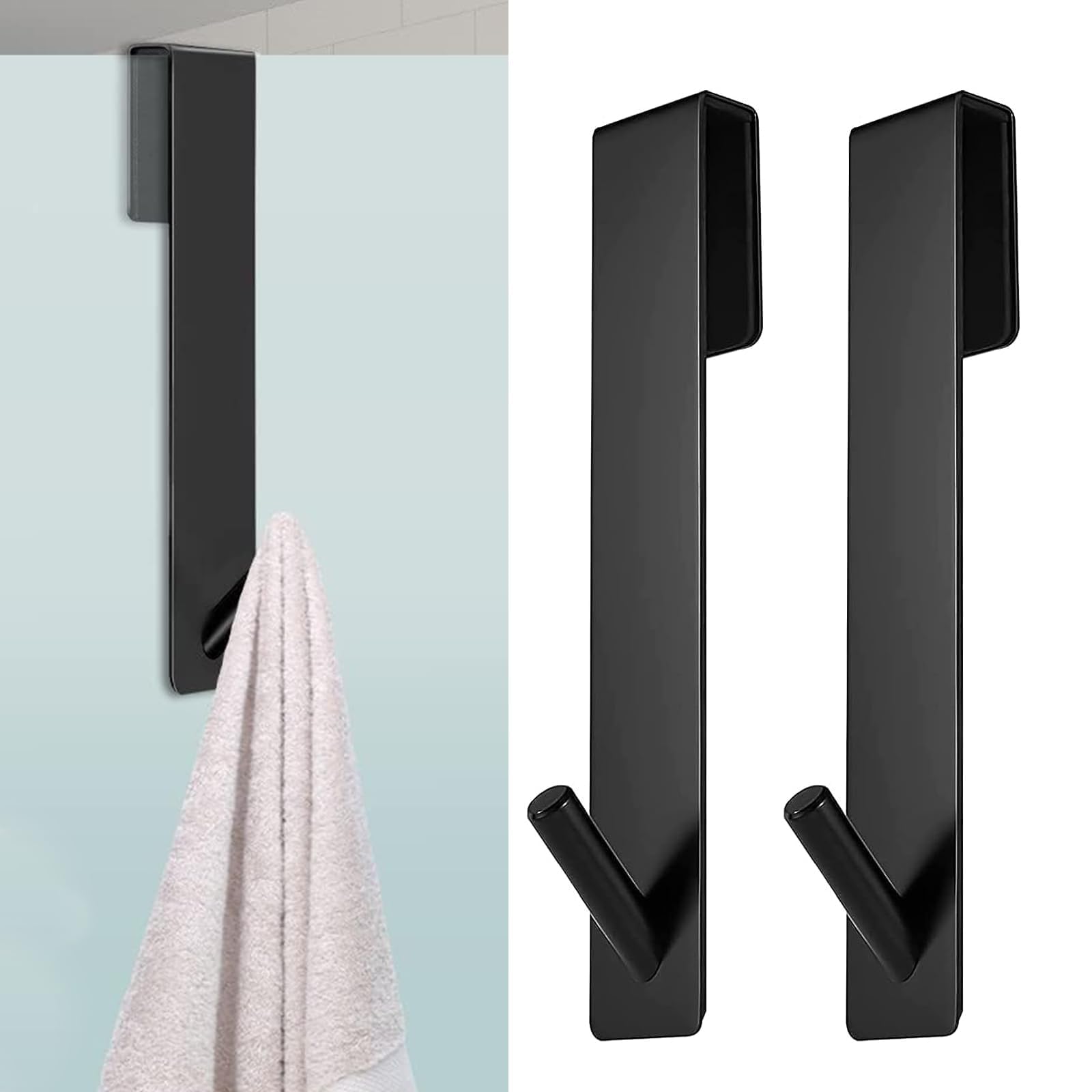 Diyxisk 2 Piece Stainless Steel Shower Hooks 7 Inch Over Door Hooks with Protective Backing Towel Hook Suitable for Room Bathroom Bathrobes Towels Black
