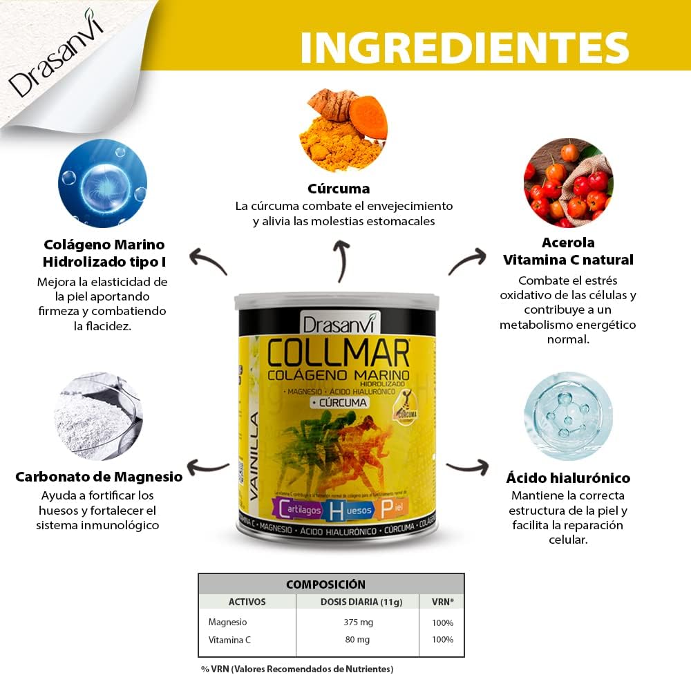 DRASANVI COLLMAR Hydrolyzed Collagen with Magnesium and Turmeric 300g Powder Vanilla Flavor - for Muscle Growth anda Gluten Free