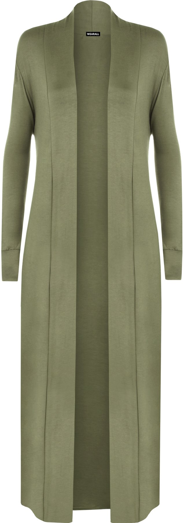 WearAll Women's Open Long Sleeve Plain Maxi Boyfriend Waterfall Top Ladies Cardigan - Khaki Green - 12-14