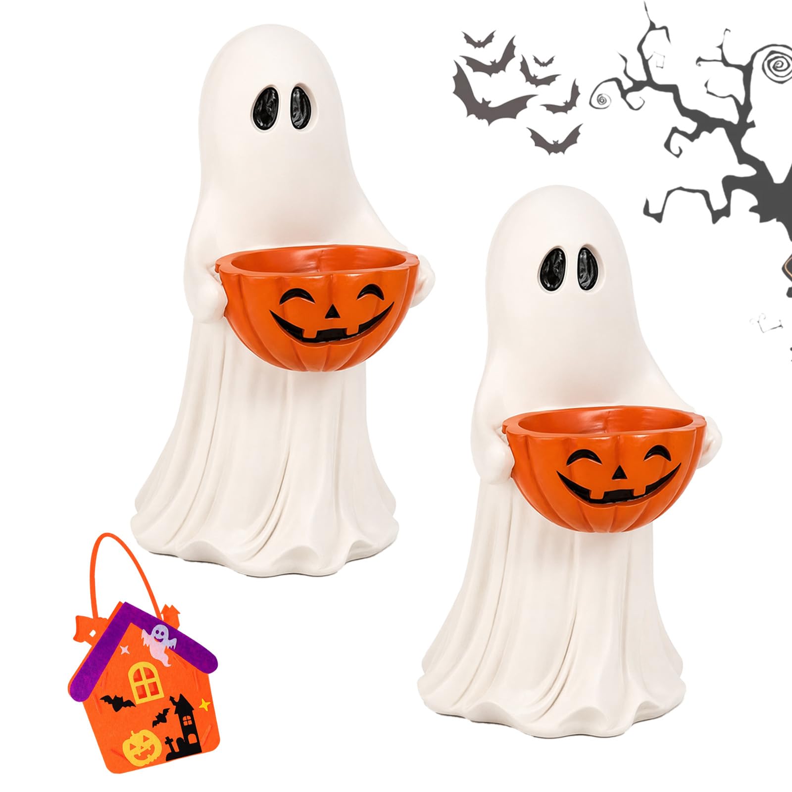 NNBWLMAEE Resin Ghost Statue with Pumpkin Candy Bowl Halloween Decor (2pcs)