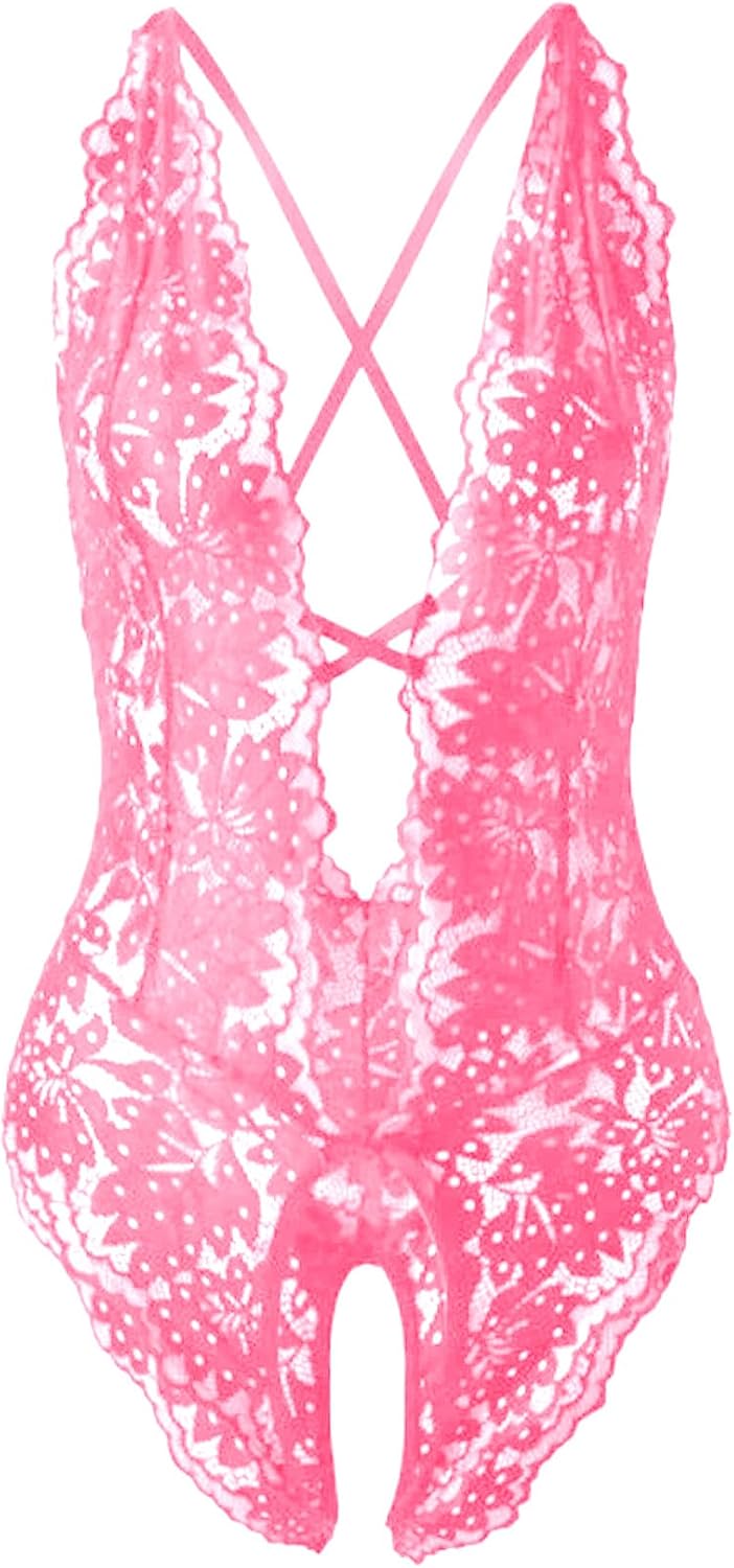 SOLY HUX Women's One Piece Lingerie Sexy Lace Babydoll Deep V Teddy Criss Cross Backless Teddy Mini Bodysuit