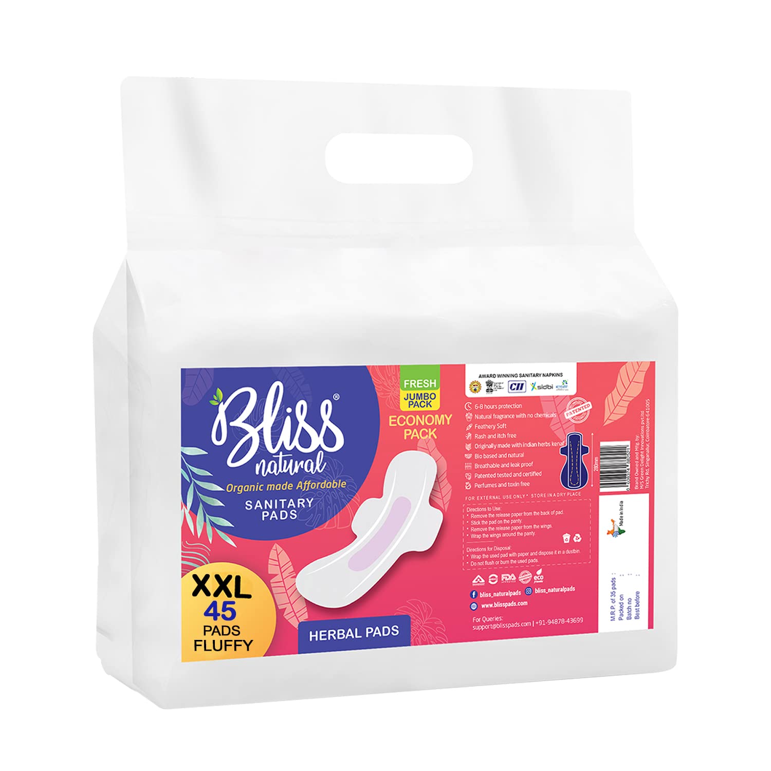 Mama Quilla Herbal Sanitary Pads For Women - Guilt Free Periods - Leakage Protection, Flow Type -Heavy Flow & Overnight Pad- 45 PCS of XXL-320 mm Pads