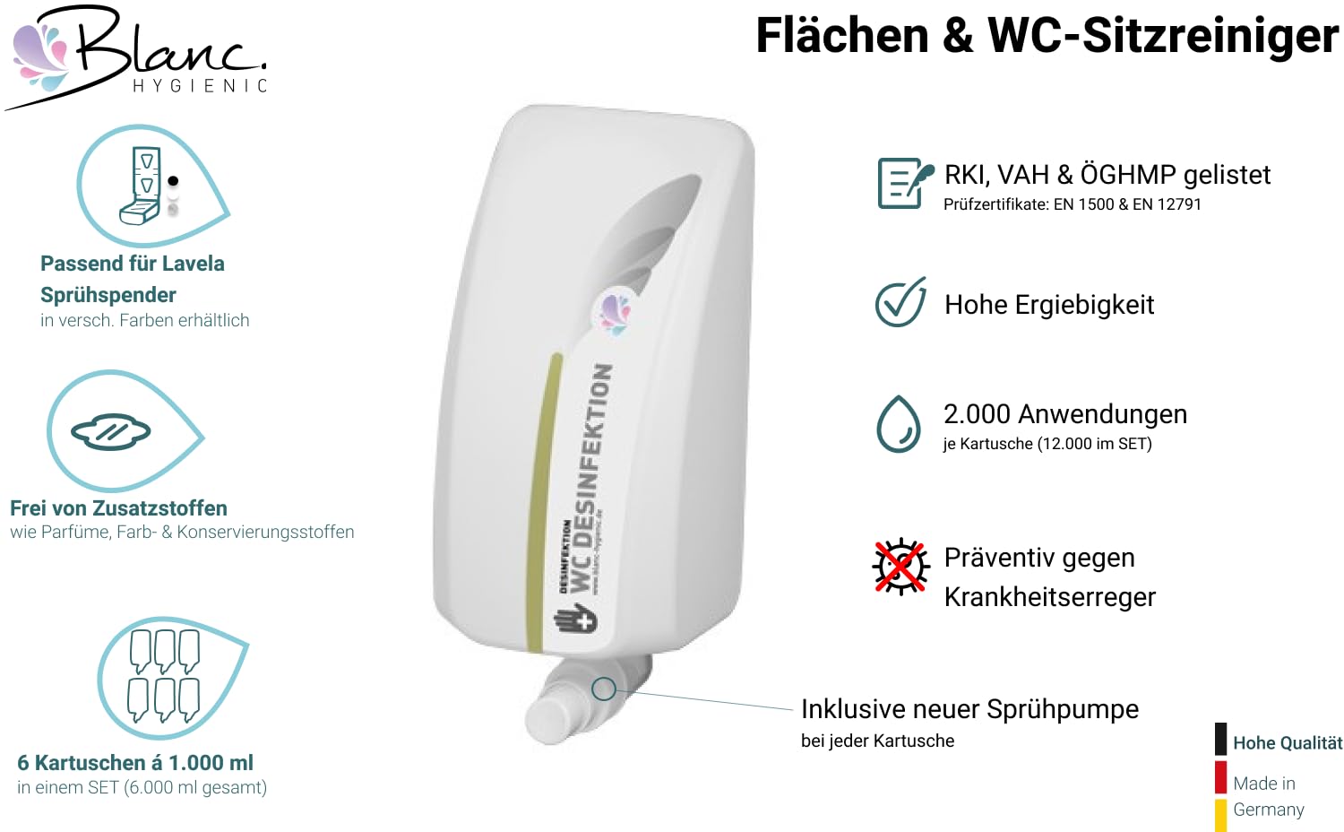Lavela WC-Sitzreiniger SET 12.000 Anwendungen | 2 Spender + 6 Kartuschen à 1 Liter, 12.000 Anwendungen & Made in Germany