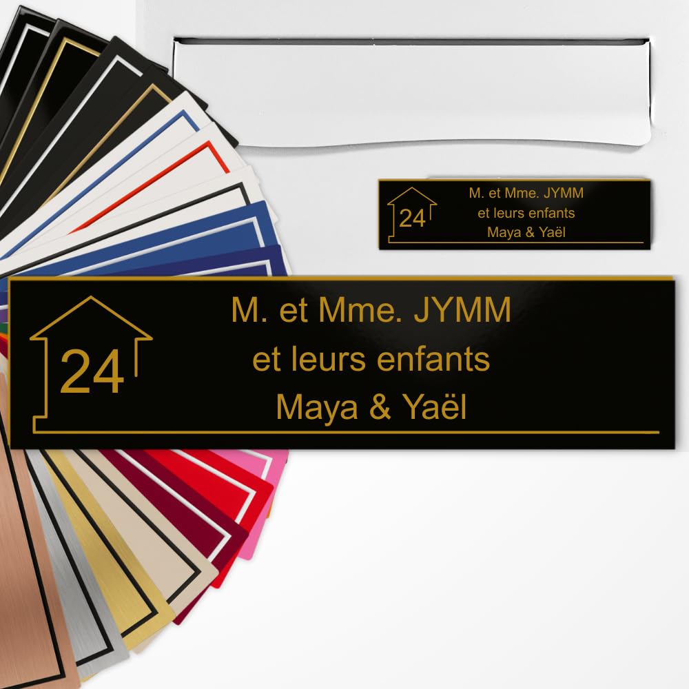 Placa de buzón personalizada, 10 x 2,5 cm, adhesivo de PVC, grabado láser, 22 colores, con o sin patrón (negro mate texto oro)