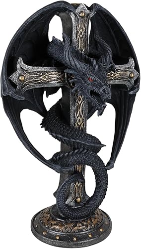 Miniatura 6 de Ebros Gift Fantasía medieval Bahamut Demon Guardian Altar Drake Dragón Enrollado En Celta Nudo Cruz Crucifijo Taper Candleholder Desktop Figurine