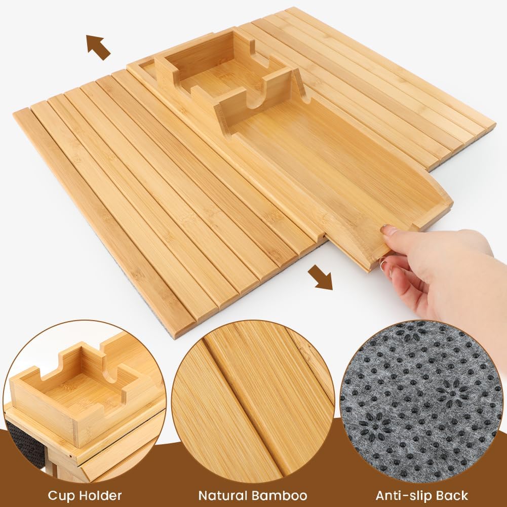 Bamboo Sofa Arm Tray - 2-in-1 Detachable Couch Cup Holder & Armrest Table with Anti-Slip Pad, Foldable Bamboo Tray for Drinks, Snacks, Phones, and Remote Controls - Image 9