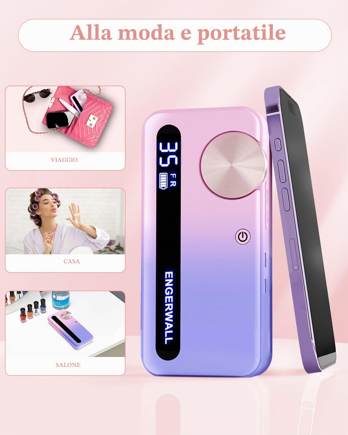 Fresa per Unghie Professionale 35000 Giri/min, Lima Elettrica Ricaricabile per Unghie Gel e Acrilico, Kit Manicure Pedicure Portatile Senza Fili con 7 Punte e 56 Nastri Abrasivi, Blu Rosa