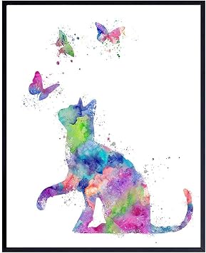 Cat and Butterfly Watercolor Poster Print - Kitten Decor 8x10