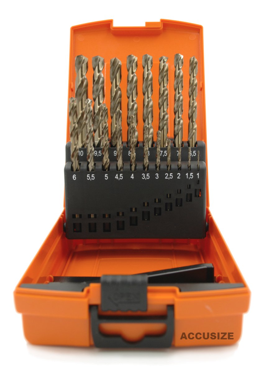 accusize – M35 HSS + 5% cobalto brocas métricas, 1 A 10 mm por 0,5 mm en caja fuerte, # 3110 – 1119