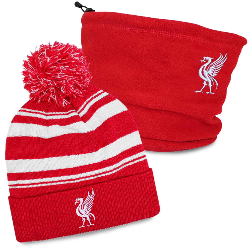 TeddyT's Liverpool Red Liver Bird Thermal Fleece Snood & Stripy Sports Bobble Hat