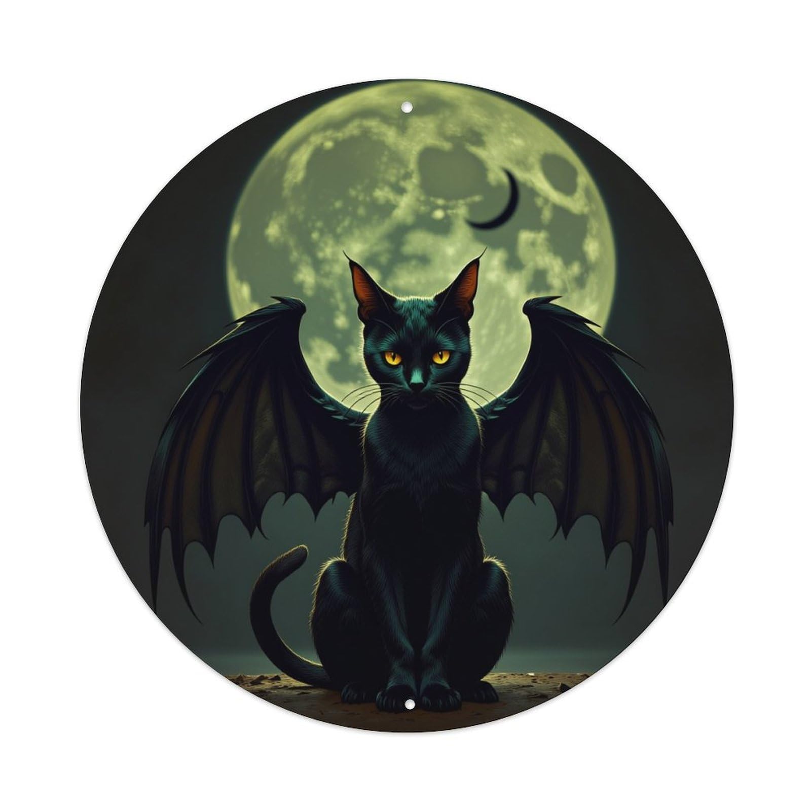 Black Cat With Wings Moon Round Tin Sign Retro Metal Sign for Cafe Bar Pub Home Game Room Gym Club Wall Decoration Vintage Metal Poster 8x8 Inch