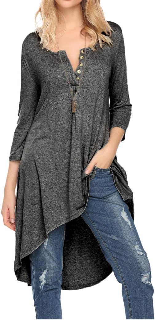 NaggooWomen's 3/4 Sleeve Button V Neck High Low Loose Fit Casual Long Tunic Tops Tee Shirts S-3XL