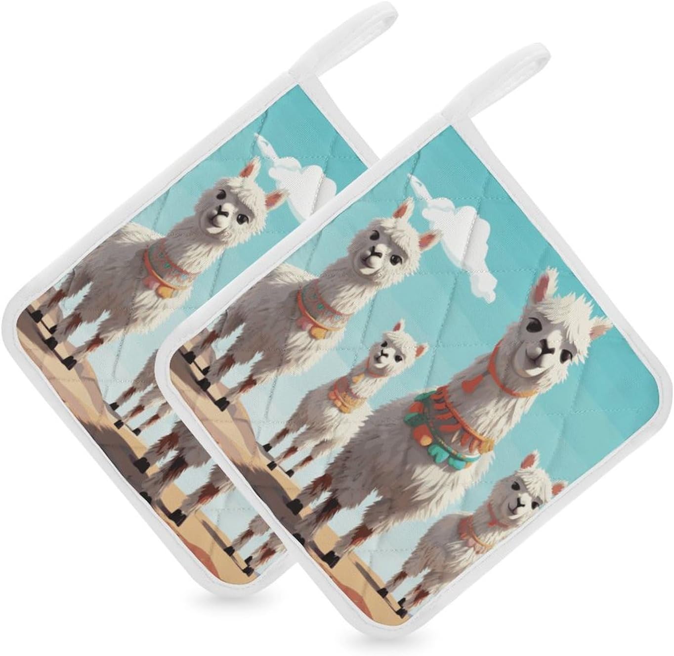 Pot Holder Set of 2 Cute Llama Printed Potholders for Kitchens Heat Resistant & Non Slip Potholders for Kitchen Cooking Baking BBQ