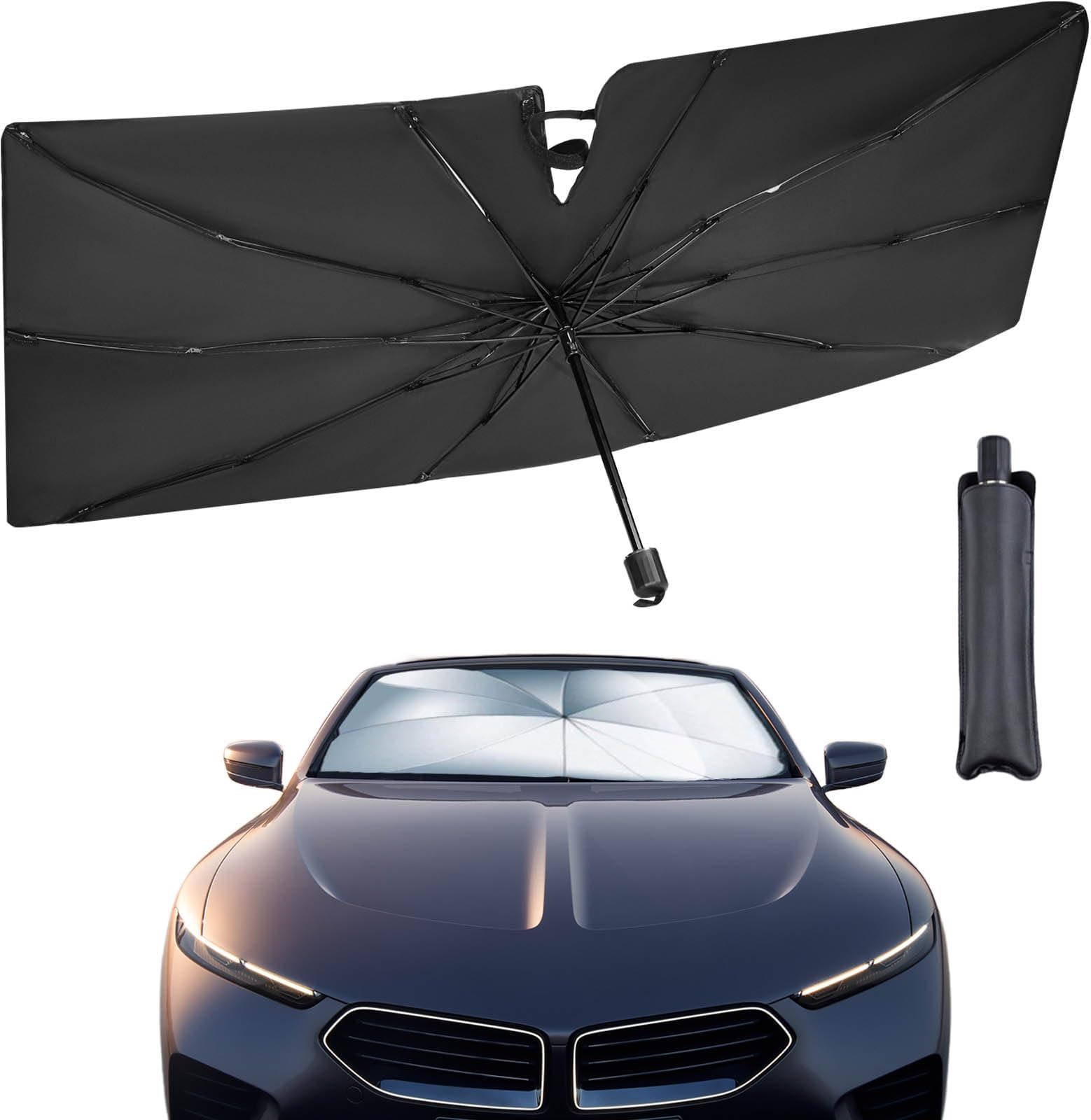 UVANTI Car Windshield Sun Shade Umbrella, Foldable Car Front Window Sunshade, Block UV Rays & Sun Heat Insulation, Automotive Windshield Sunshades Fit Most Vehicles - 57 x 31 inches