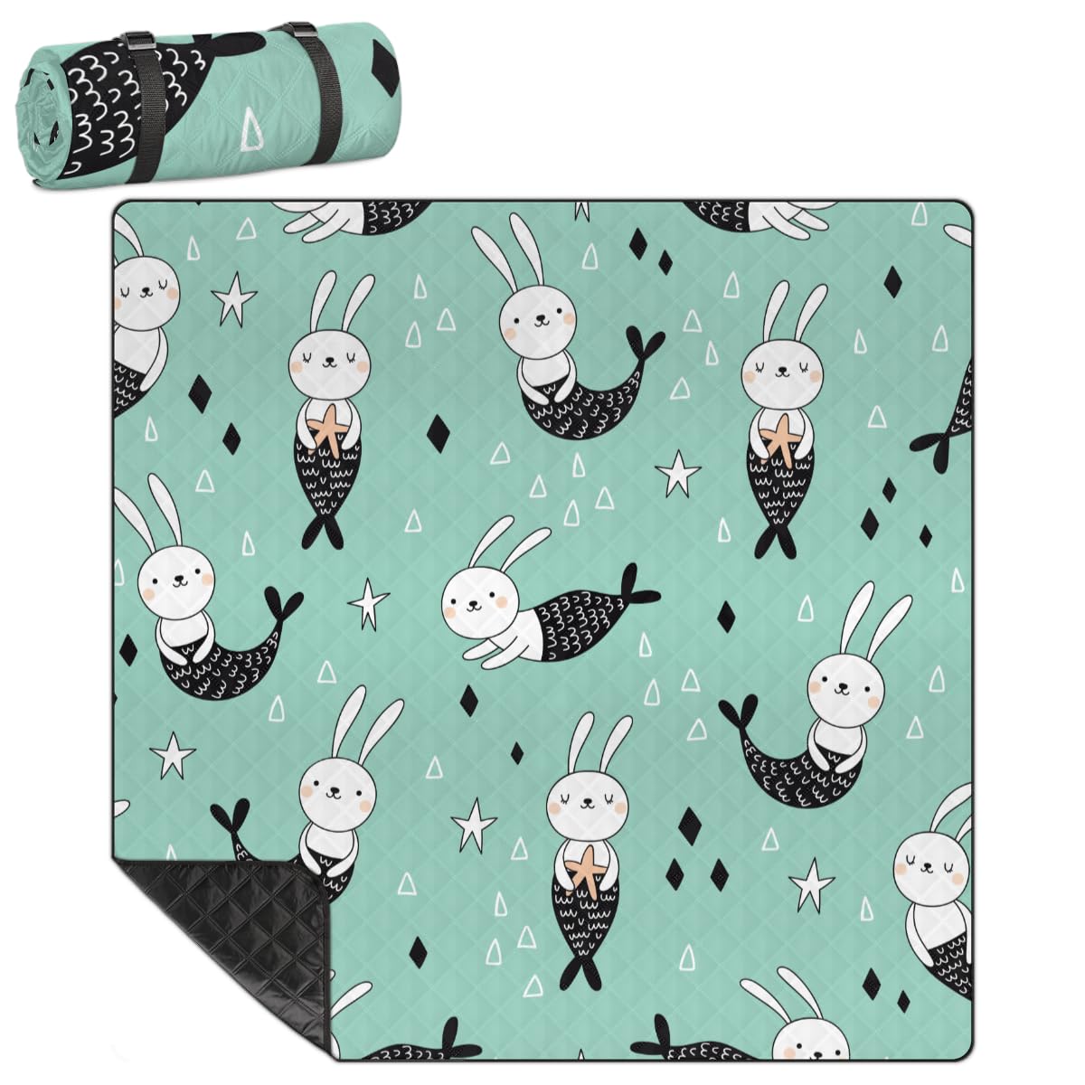 Shimoshe Extra Large Picnic Blankets 79”x 79”, Mermaid Bunny Waterproof Foldable Picnic Mat with Straps Portable Beach Blanket for Camping Park Grass Beach Indoor