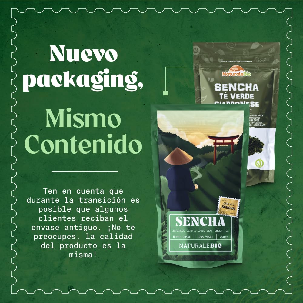 NaturaleBio Té Verde Sencha Japonés Orgánico - Upper Grade - de 200g. Bio, Natural y Puro, Té Verde en Hojas de la Primera Cosecha, cultivado en Japón. Organic Japanese Sencha Green Tea.