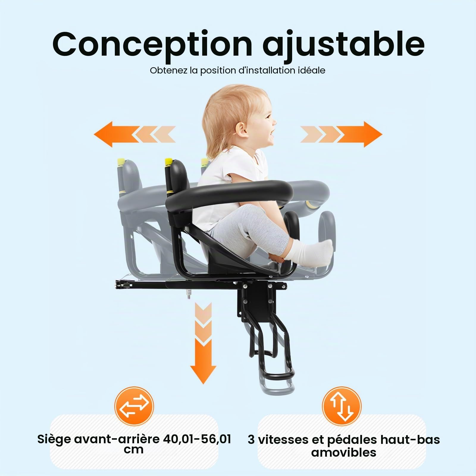 Siège enfant vélo réglable avant - Siège enfant sûr avec harnais et barrières - Pratique pour vélos de ville et vélos familiaux