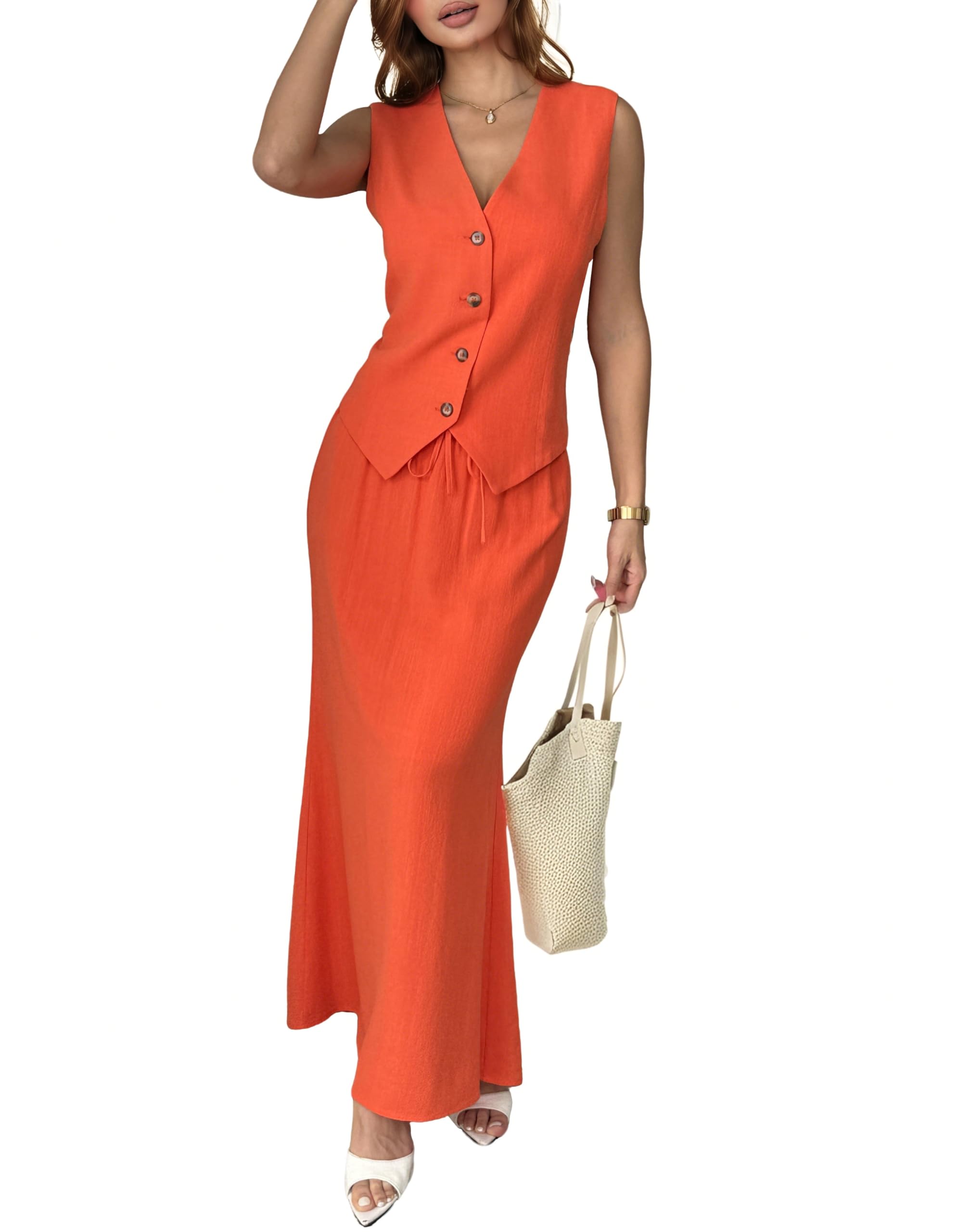 Fakanhui Damen Leinen 2-teiliges Outfit Langer Maxirock Set Weste Anzug Business Casual Urlaub Sommer Sets