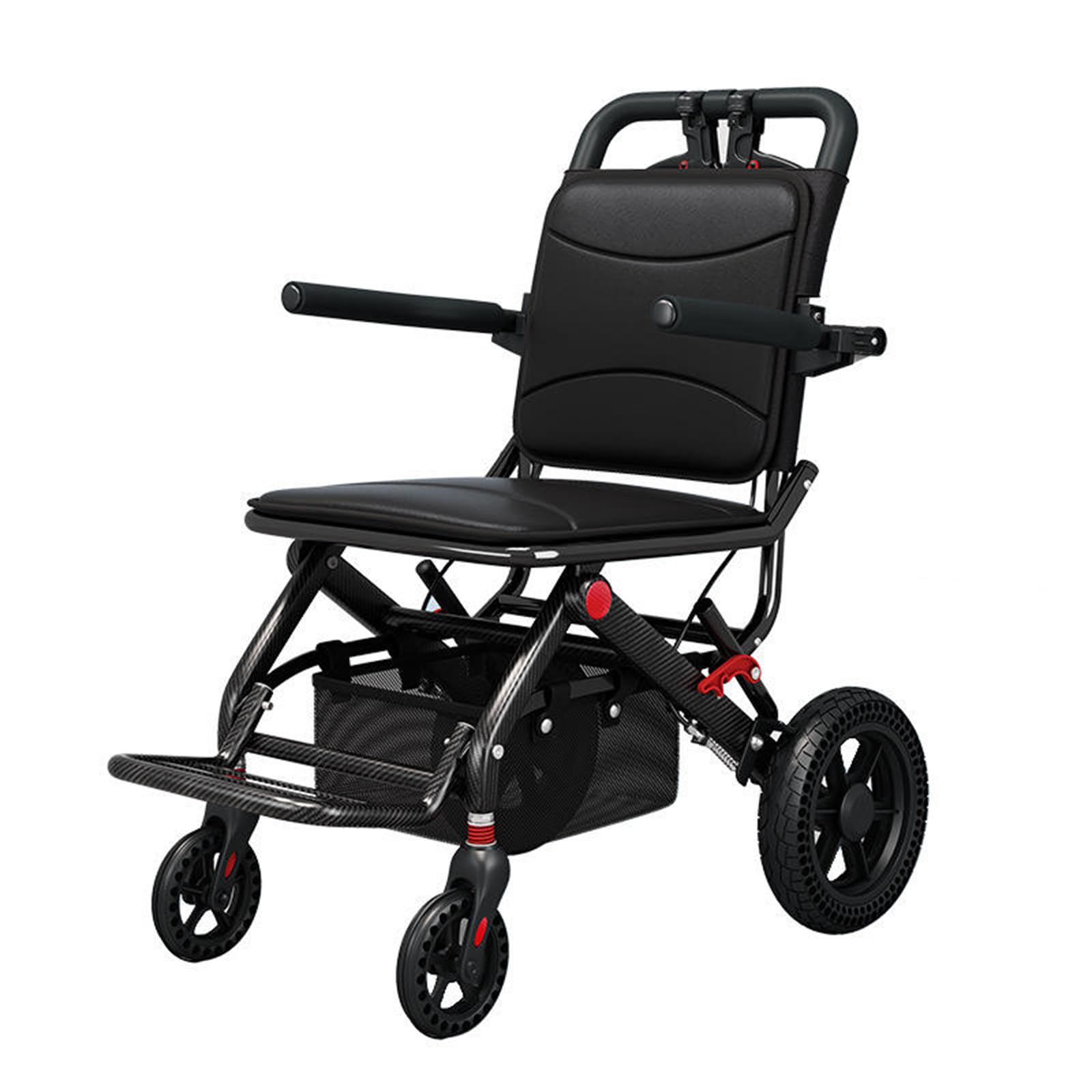 Silla De Ruedas De Transporte Todoterreno, Silla Ligera Y Plegable para Adultos Y Personas Mayores, Capacidad De 100 Kg, Portátil con Cesta De Almacenamiento, Fibra De Carbono, Color Negro