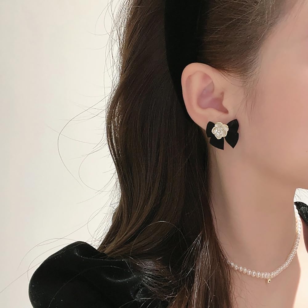Kokoma Camellia Bow Knot Earrings for Women Girls Elegant Bow Ribbon Butterfly Knot Stud Earrings Wedding Statement Flower Dainty Ear Jewelry