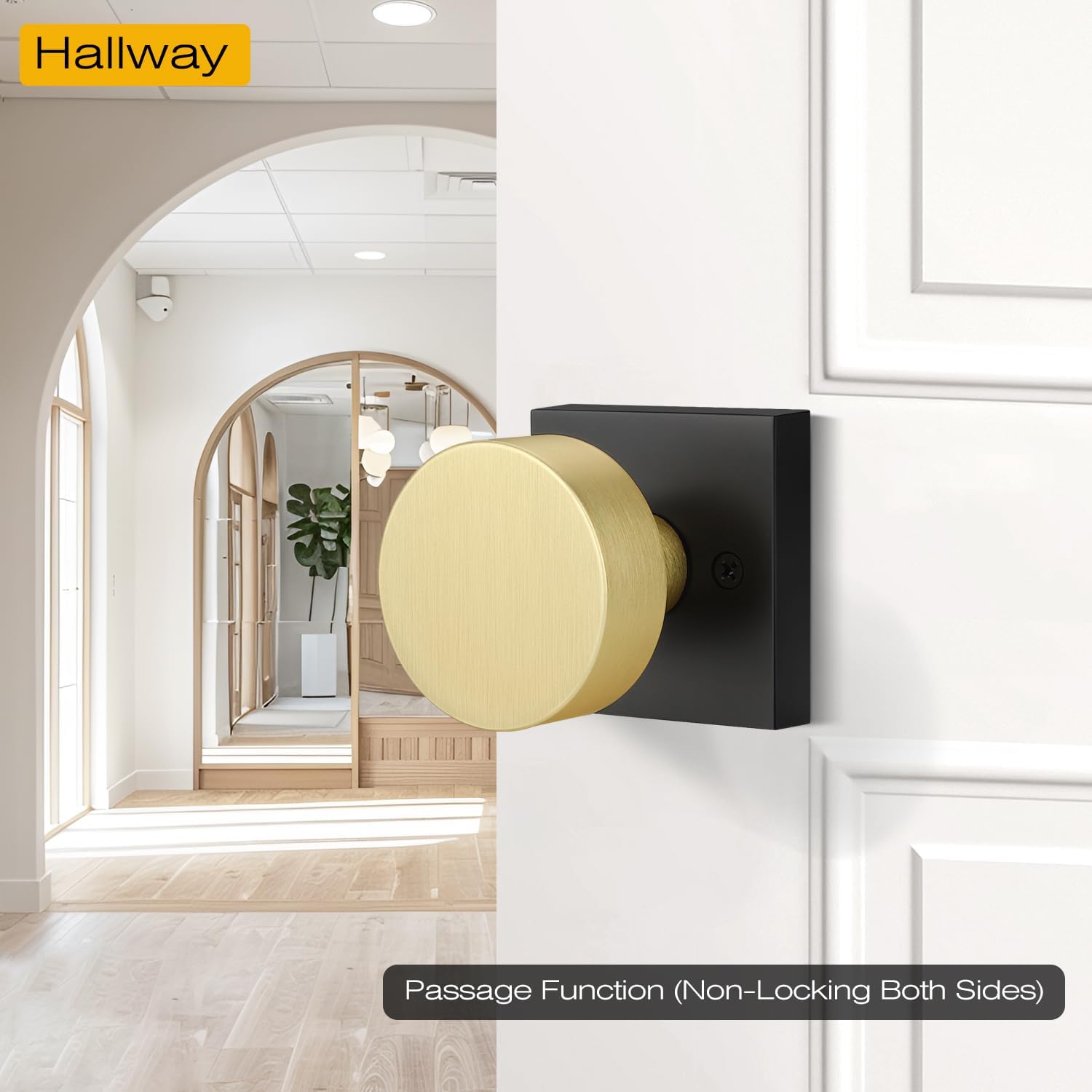 EHOMEWARE 2 Pack Black and Gold Interior Door Knobs, Non-Locking Passage Door Handle for Hallway, Heavy Duty Closet Door Knobs, Reversible for Left & Right Handed Doors