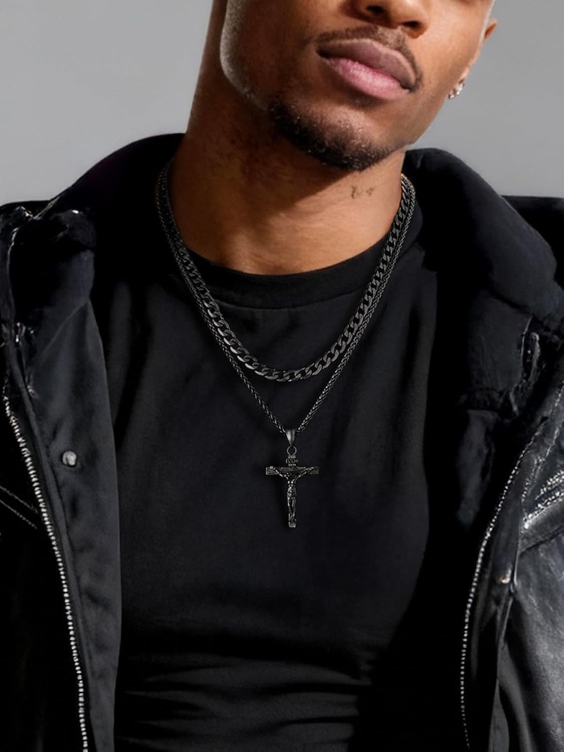 ChainsHouse Layered Cross Necklace for Men, Stainless Steel/Black/Gold Plated Cuban/Barbed Wire Necklace with Cross/Crucifix Pendant Religious Jewelry Gift Set for Dad, Husband - Image 2