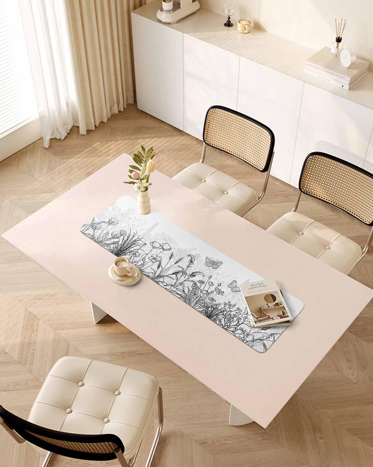 Debedcor Heat Proof Table Pads Waterproof Decorative, Fall Grey Floral Non-Slip Table Countertop Protector, Summer Autumn Butterfly Insulation Mat for Dining Room, 48 x 12 Inches