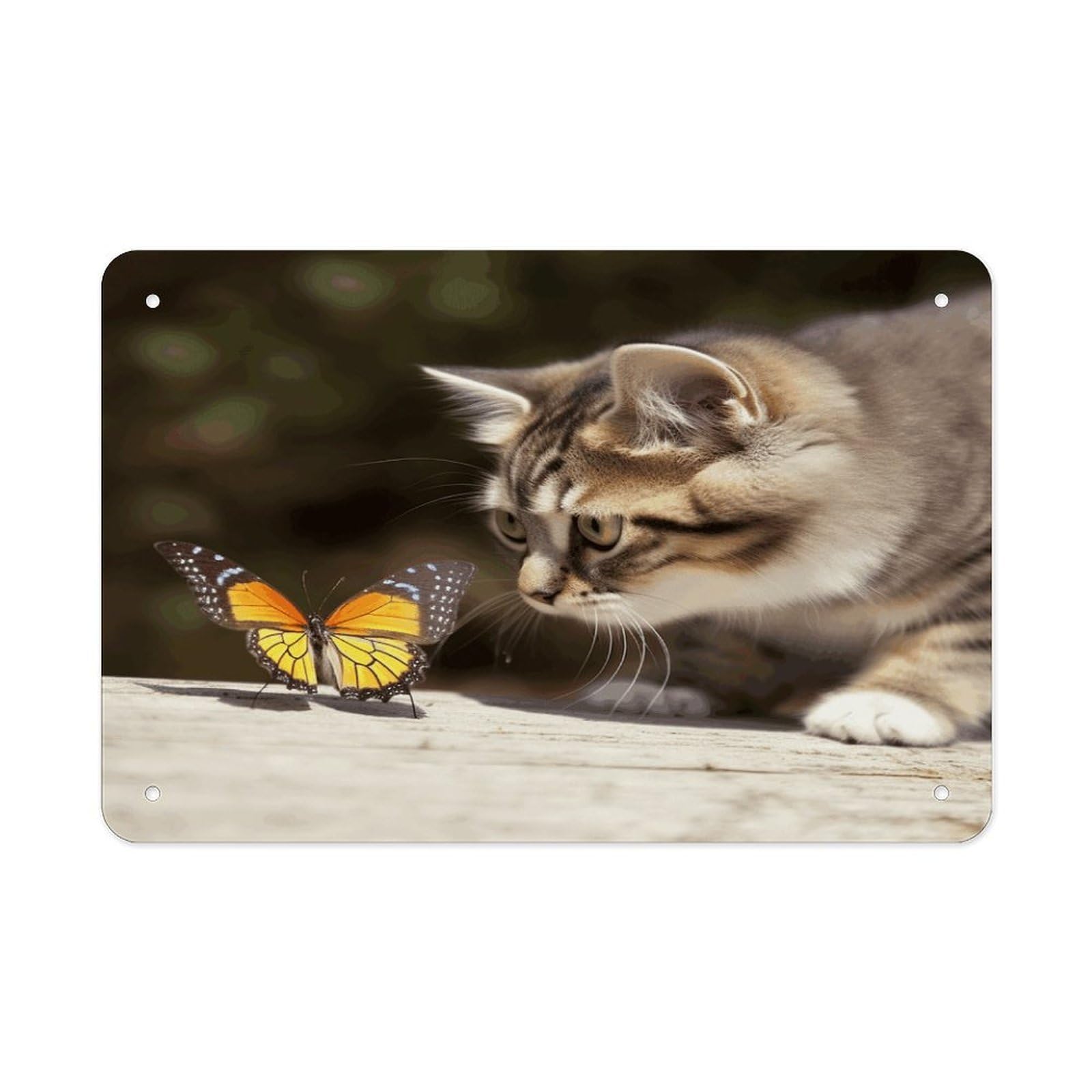 Cat And Butterfly Metal Tin Sign 12"x8" Wall Art Prints Poster Decorative Picture Metal Signboard Decor Painting Folded Edge Iron Sheet Painting with Holes for Wall Decor