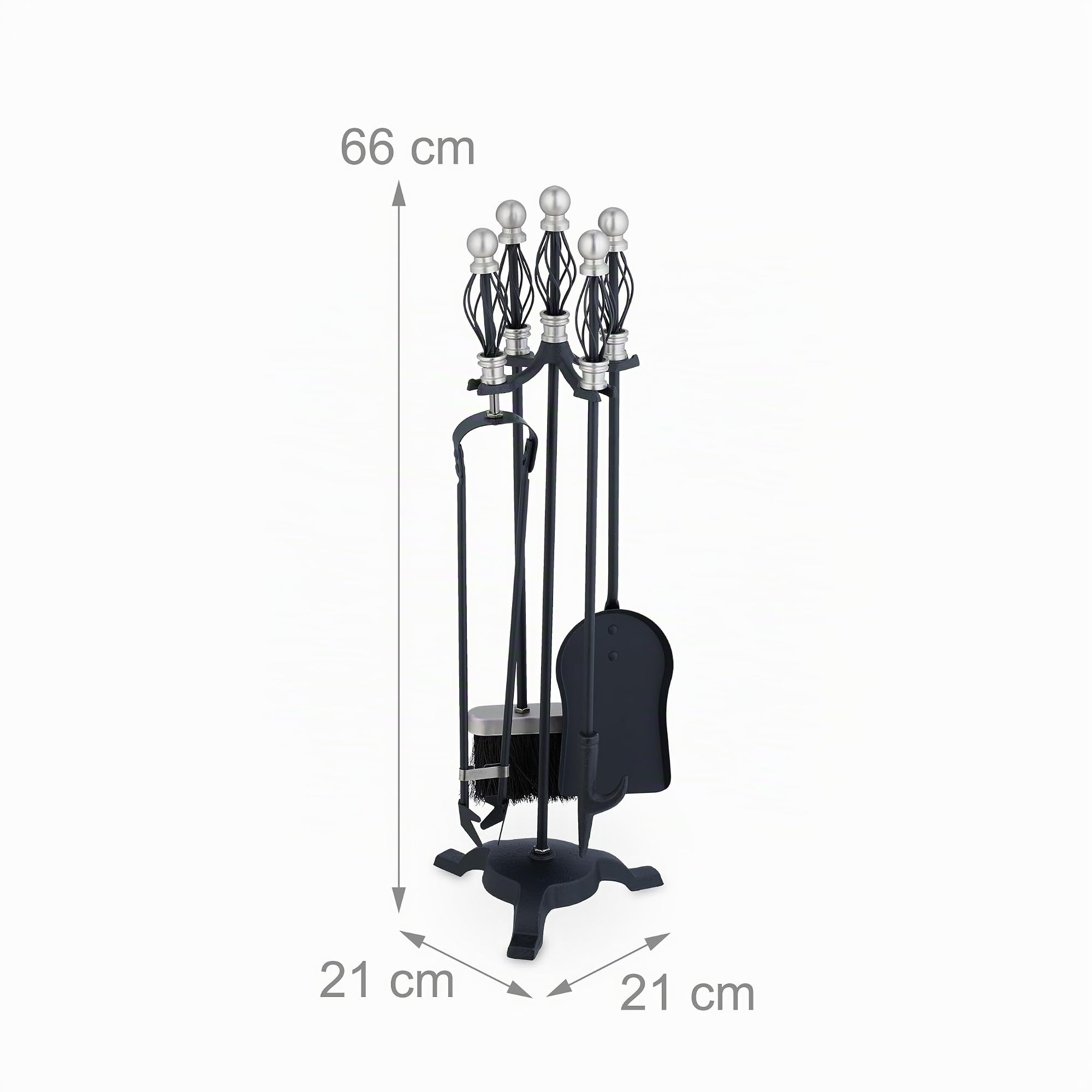 Relaxdays Accesorios Chimenea 5 Piezas, Set de Estufa con Atizador, Pinzas, Escoba, Pala y Soporte, Hierro, Negro/Plata