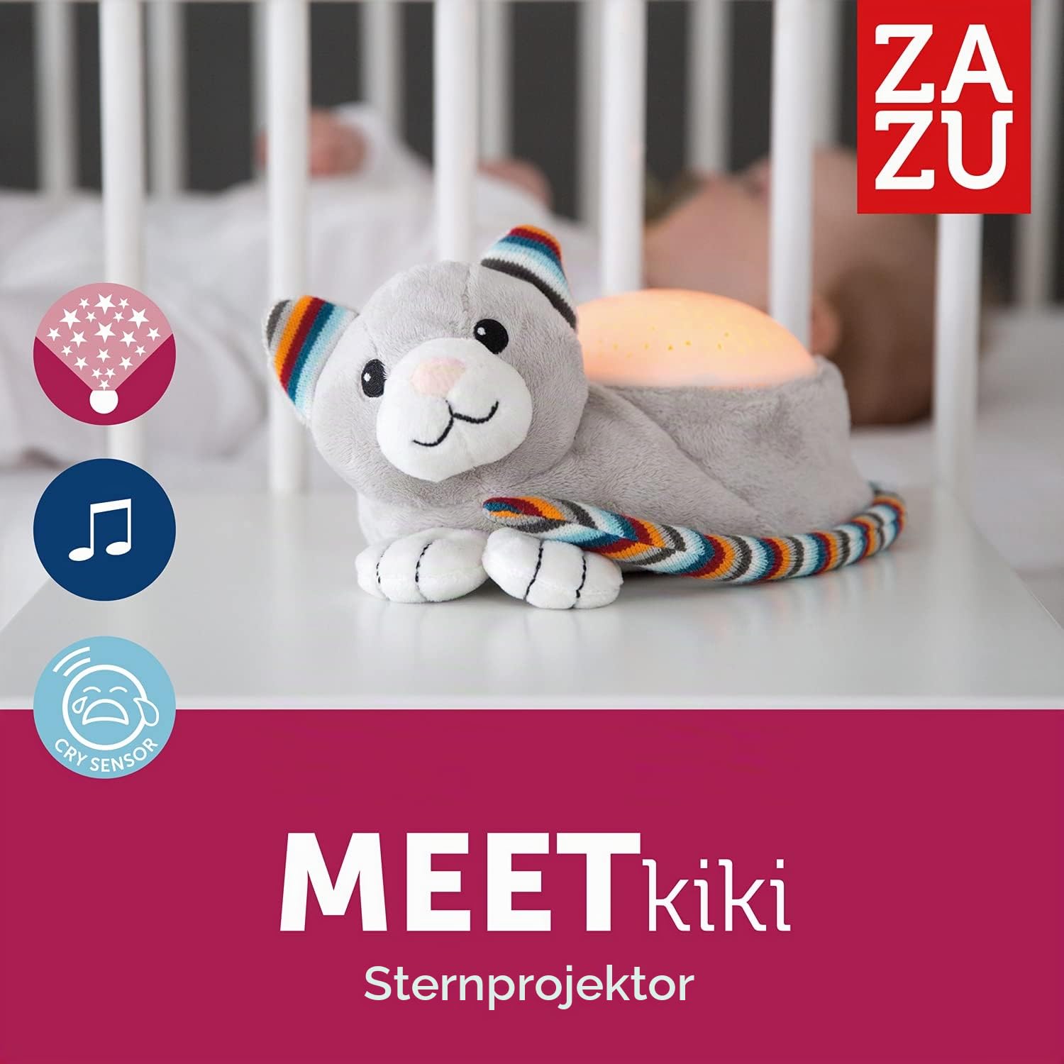 ZAZU Kiki The Kitten Projektor - Baby Lichtprojektor mit beruhigenden Melodien (Herzschlag-Sound, Naturgeräusche oder Lounge-Musik) | Schrei-Sensor | Automatische Abschaltung | waschbar