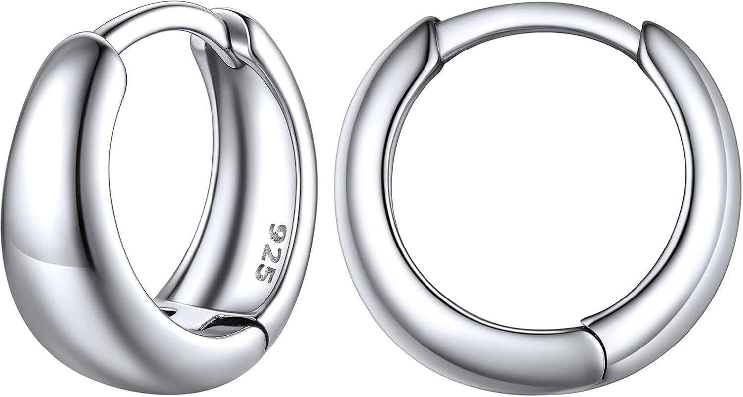 ChicSilver Small Chunky Hoop Earrings White Gold Plated Silver Thick Huggie Hoop Earrings for Women Hypoallergenic Lightweight (with Gift Box)