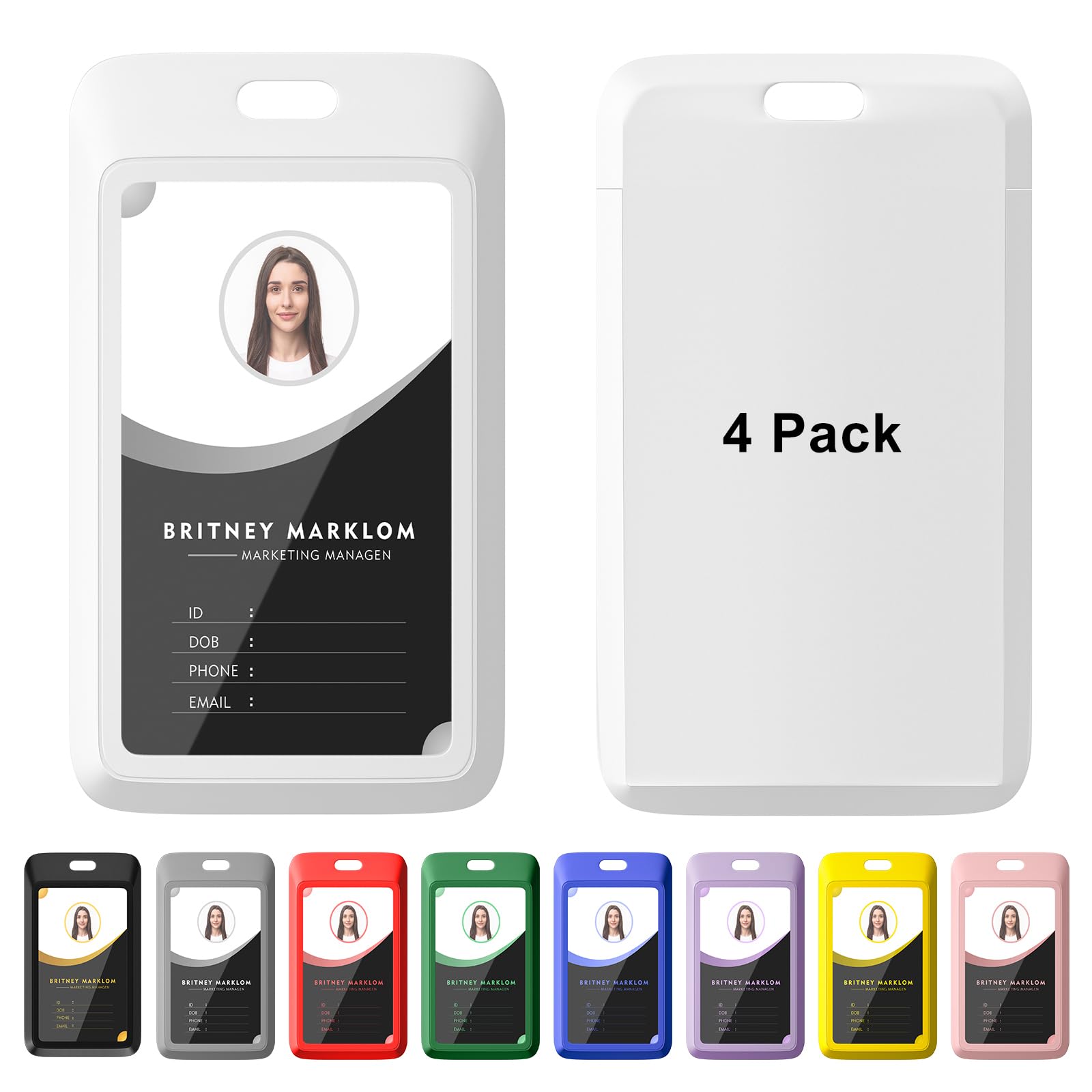 4 Pack Sliding ID Badge Holder, Heavy Duty Plastic ID Badge with Clear Window, Vertical Key Card Holder Protector Pouch for Office School ID Cards
