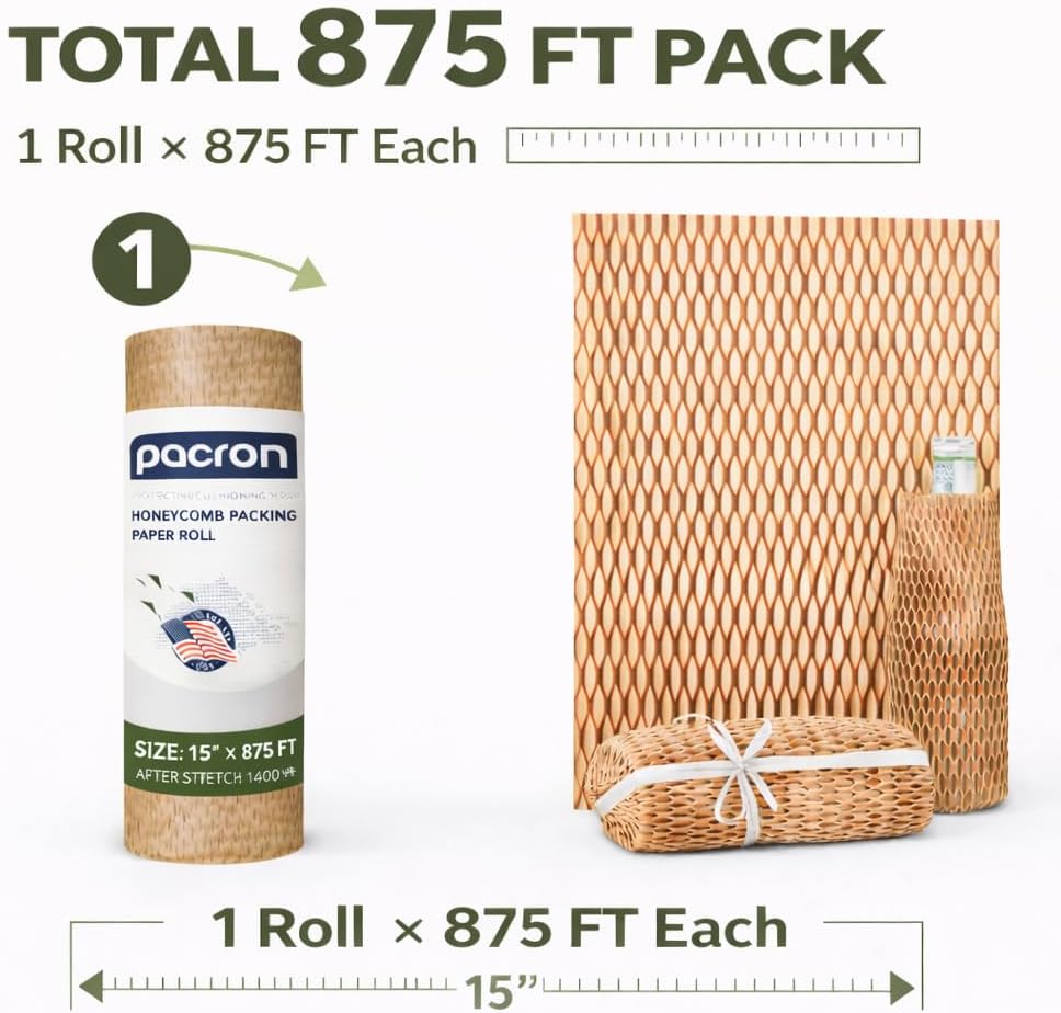 Honeycomb Packing Paper Roll – Eco Friendly Bubble Wrap Alternative for Fragile Shipping, Plastic-Free Honeycomb Wrap for Glass, Ceramics & Moving Supplies, (15"x875Ft)