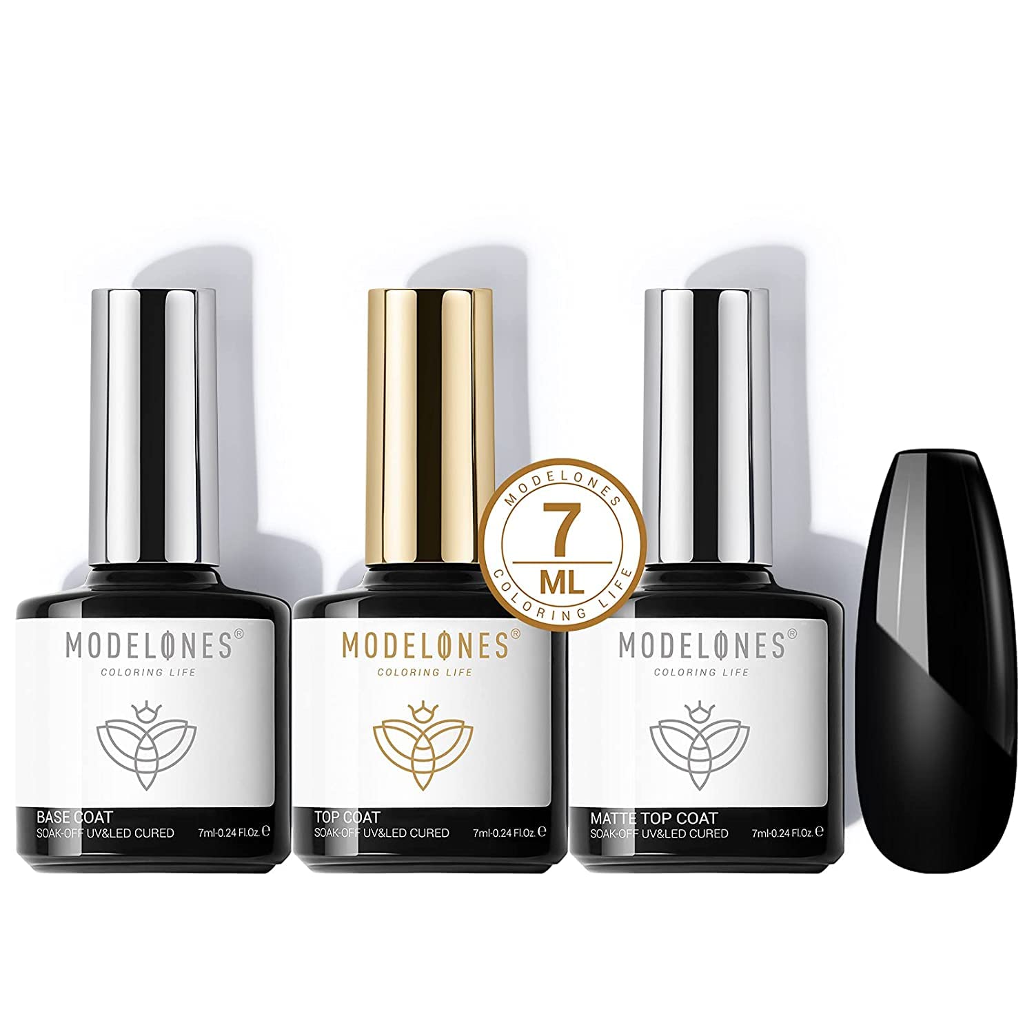 Modelones Gel Top Coat and Base Coat, 3Pcs Gel Nail Polish No Wipe 7ml Matte Gel Top Coat and Glossy Top Coat Base Coat Set Soak off Upgraded Formula Long Lasting for Home DIY and Nail Salon