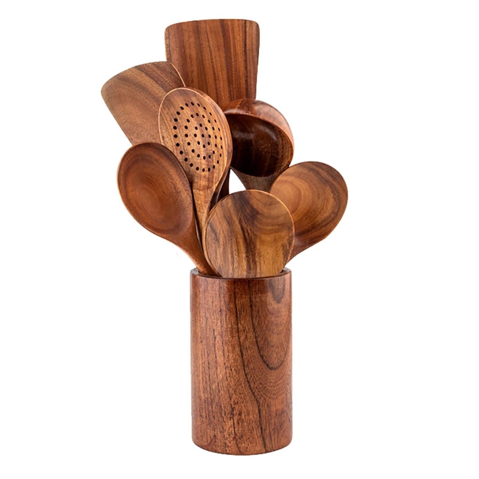 8-teiliges Küchenutensil-Set aus Holz, bestehend Spatel, Löffel, Salatgabel, Rührbesen und Backutensilien, inklusive Aufbewahrungseimer
