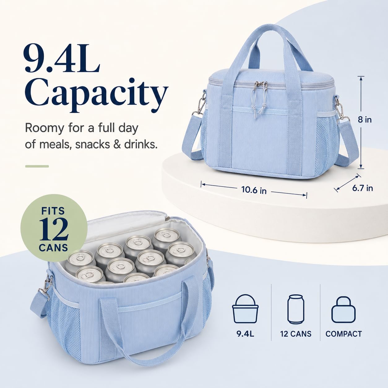 LOIDOU Borsa termica per il pranzo, per donne e uomini, in velluto a coste, a prova di perdite, riutilizzabile, con tracolla regolabile, per lavoro, ufficio, spiaggia, picnic (blu)