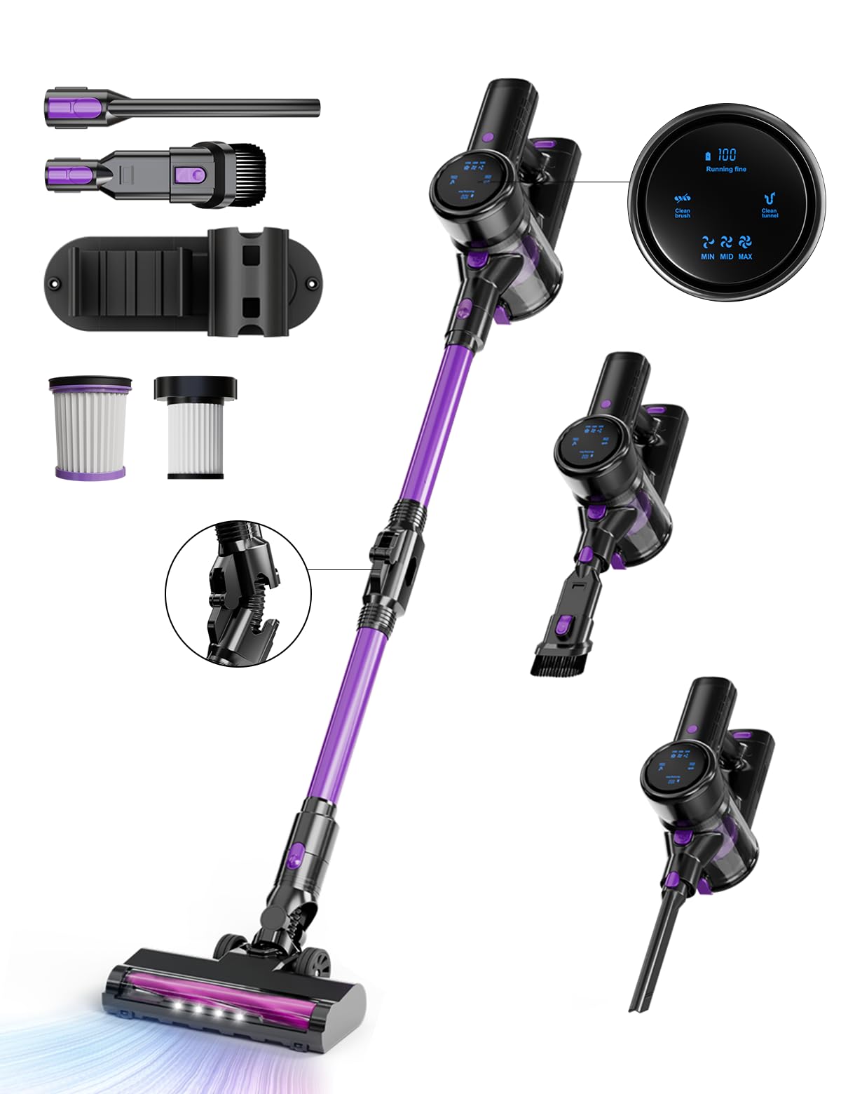 Cyansharp Aspirateur Balai sans Fil, Aspirateur sans Fil 6-en-1 Multi- Fonction, Autonomie de 35 Minutes, Brosse à Turbine avec lumière LED, Aspirateur pour Sols Durs/Les Poils d'animaux/Tapis (Violet Cyansharp Aspirateur Balai sans Fil, Aspirateur sans Fil 6-en-1 Multi- Fonction, Autonomie de 35 Minutes, Brosse à Turbine avec lumière LED, Aspirateur pour Sols Durs/Les Poils d'animaux/Tapis (Violet